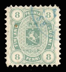 Finland #19 Cat$90, 1875 8p blue green, lightly cancelled, thin spot, natural...