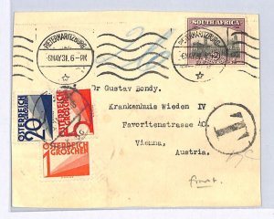 SOUTH AFRICA 1931 Cover Front *AUSTRIA POSTAGE DUE* 26g Pieterm'burg TAXE WX216