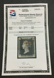 MOMEN: GREAT BRITAIN SC#1 USED *MI* PENNY BLACK **PSE CERTIFICATE**