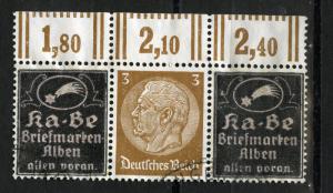 Germany 1937 Private overprint Ka-Be on Hindenburg 3 Pf. with margin, strip of 3