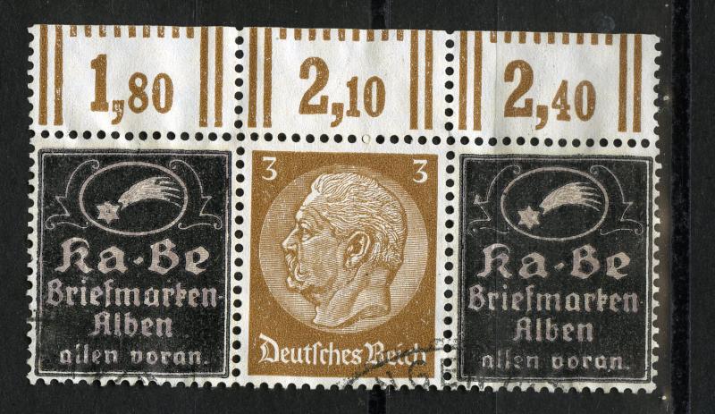 Germany 1937 Private overprint Ka-Be on Hindenburg 3 Pf. with margin, strip of 3