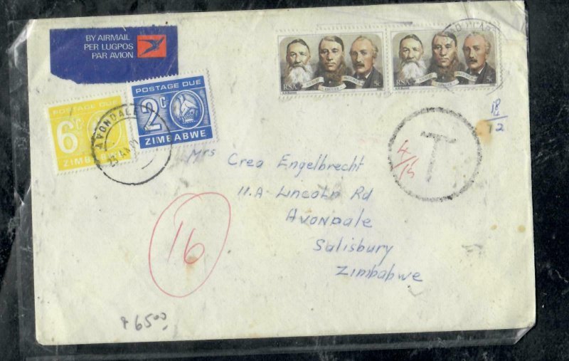 ZIMBABWE COVER (PP0301B) 1961  INCOMING COVER FROM SA POSTAGE DUE 2C+6C