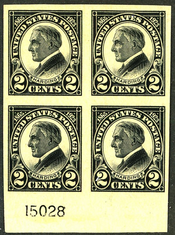 U.S. #611 MINT PL# BLOCK OF 4 OG LH