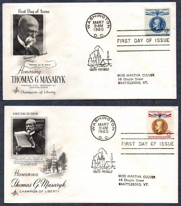 US Scott #1147-1148 Masaryk Champion of Liberty FDC (1960)