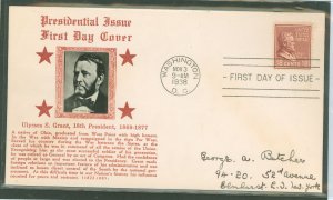 US 823 1938 18c US Grant single on an addressed FDC with a Crosby cachet.