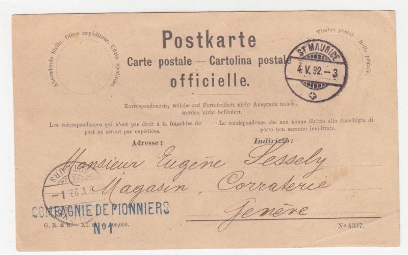 SWITZERLAND, Official Postal Card, 1892 St. Maurice to Geneva.