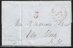 U.S., 1848 Stampless Cover, Red Express Mail Marking, Boston to New York, N.Y.