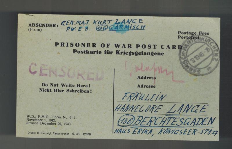 1946 Germany POW Prisoner of War PC Cover Garmisch Major General Kurt Lange