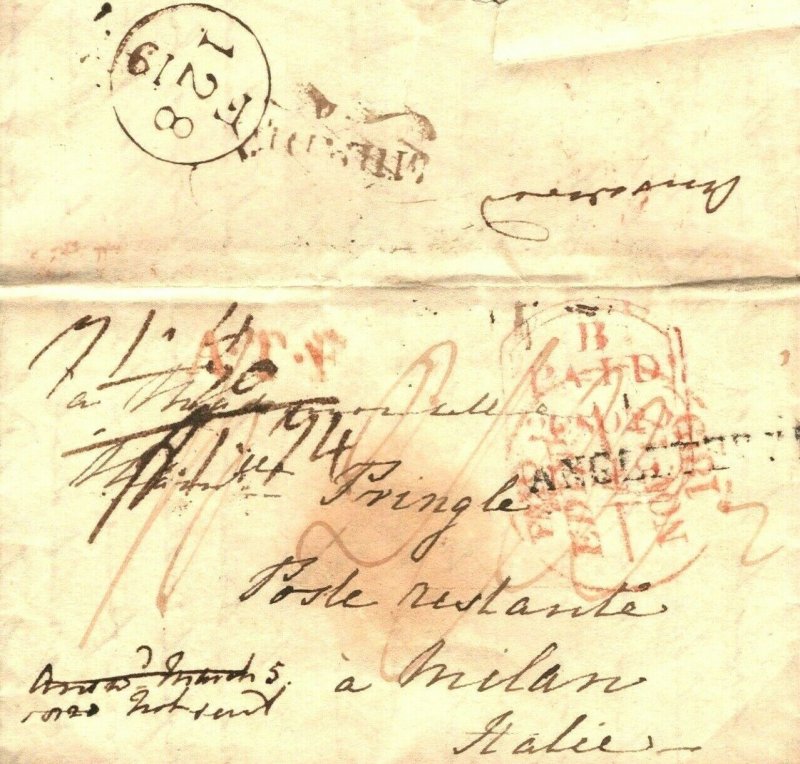 GB SCOTLAND Edinburgh Cover 1827 LOMBARDY MAIL Milan *Poste Restante* Italy P52b