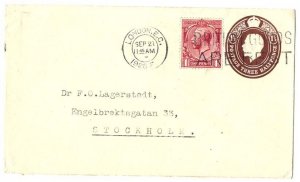 GB 1924 1½d postal card uprated 1d adhesive used in 1925 to Stockholm, British