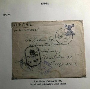 1942 Ranchi India FPO 96 AirmailCensored OAS Cover To Manchester England