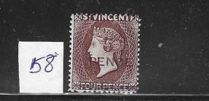 ST. VINCENT SCOTT #58 1892-93 SURCHARGE 5P ON 4P (LAKE) - MINT LIGHT HINGED