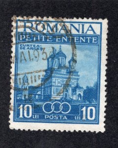 Romania 1937 10 l blue Cathedral, Scott 468 used, value = 80c