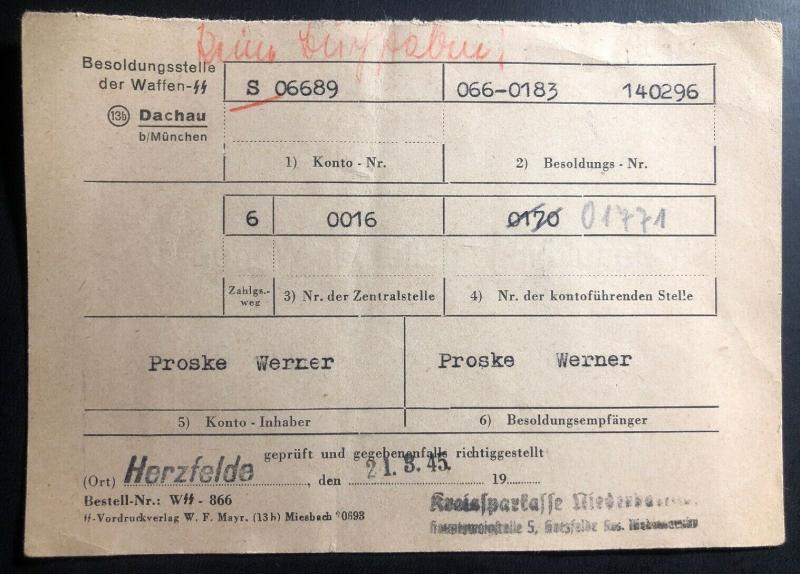 1945 Dachau KZ Concentration Camp Waffen SS Guard Pay Slip Werner Proske Cover