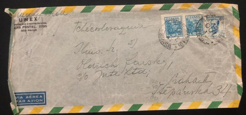 1947 Sao Pablo Brazil Airmail Commercial Long Cover To Prague Czechoslovakia