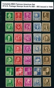 US Scott # 859 - 893 / 1940 - Famous Americans Set of 35 MNH