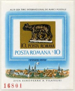 Romania 2796B imperf sheet,MNH.Mi 3556 Bl.155. ESSEN-1978Wolf,Romulus,Remus.