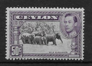 CEYLON SG394a 1938 50c BLACK & MAUVE p13x13½ MTD MINT