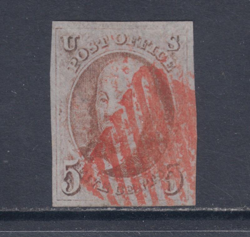 US Sc 1d used 1847 5c brown orange Franklin, red cancel, huge margins. 2 Certs