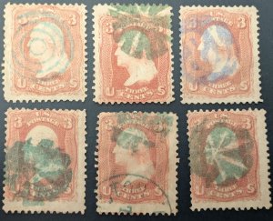 US 65, 1861, 6 assorted colored cancels