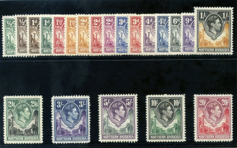 Northern Rhodesia 1938 KGVI set complete MLH. SG 25-45. Sc 25-45.