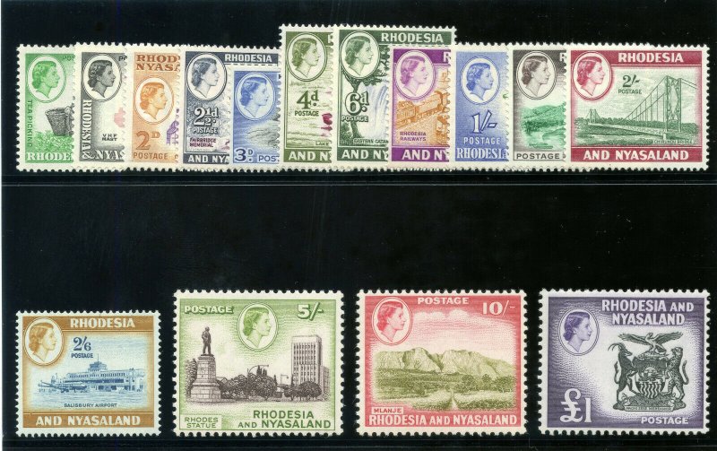 Rhodesia & Nyasaland 1959 QEII Definitive set complete MNH. SG 18-31. Sc 158-171