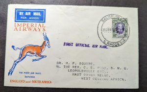1932 South Rhodesia First Flight Cover FFC Salisbury to Leopoldville Very Scarce