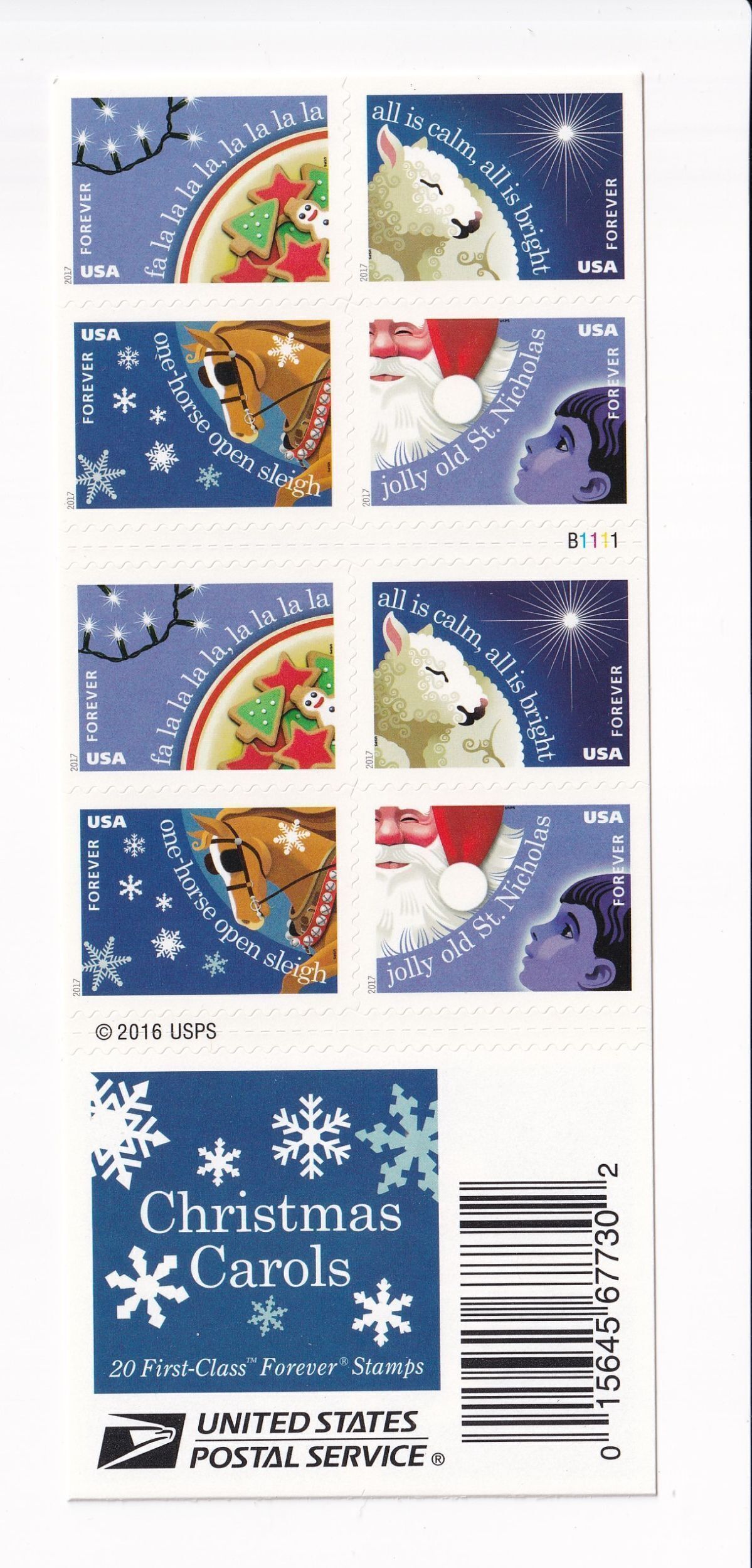 U.S.: Sc #5247-50, Christmas Carols Forever Stamps, Booklet of 20, MNH