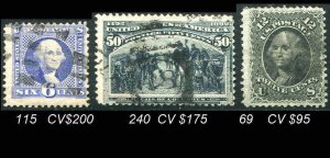 US Classic Three Stamp Lot  Scott   #69 1861    #115 1869     #240 1893  CV