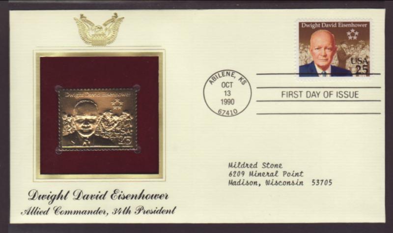 US Eisenhower 1990 PCS Gold Foil Typed FDC BIN