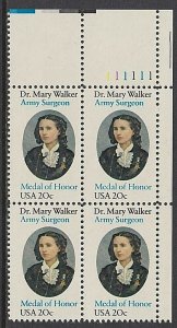 1982 Dr. Mary Walker, Plate Block of 4 20c Postage Stamps, Sc# 2013, MNH, OG