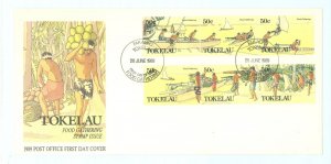 Tokelau  163-164 Tokelau 1989/food gathering two strips of three stamps, on an unaddressed first day cover.