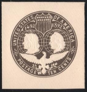 SC#U351 10¢ Columbus & Liberty Cut Square: Full Corner (1893) Unused