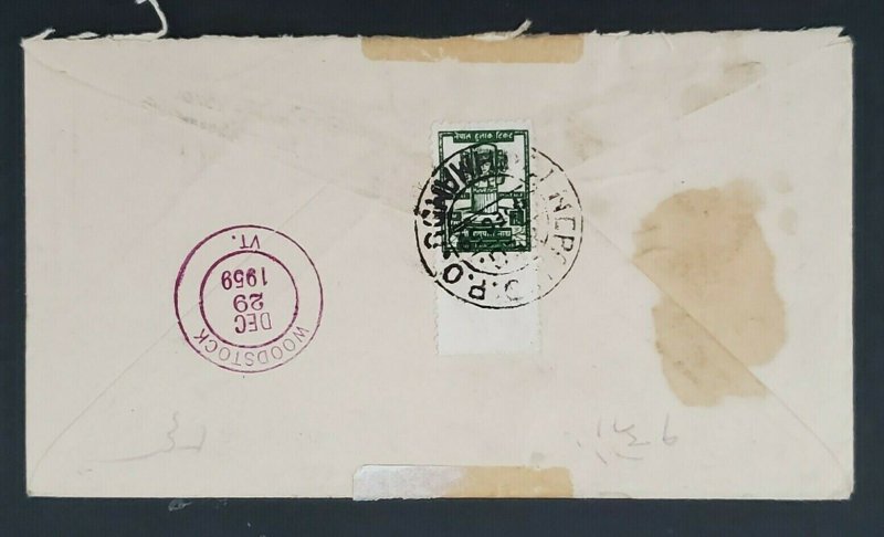 1959 Kathmandu Nepal Philip Cummings Woodstock Vermont Registered Sea Mail Cover