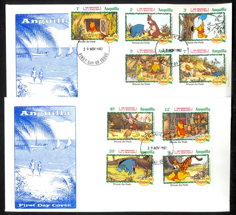 ANGUILLA 1982 DISNEY WINNIE THE POOH Set on 2 Cachet FDCs Sc 511-519