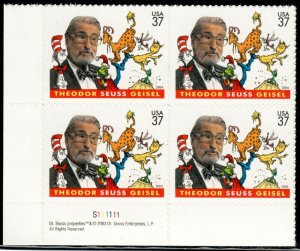 US Stamps Collection - Scott #3835 Plate Block Mint NH - Dr Seuss 37 Cent