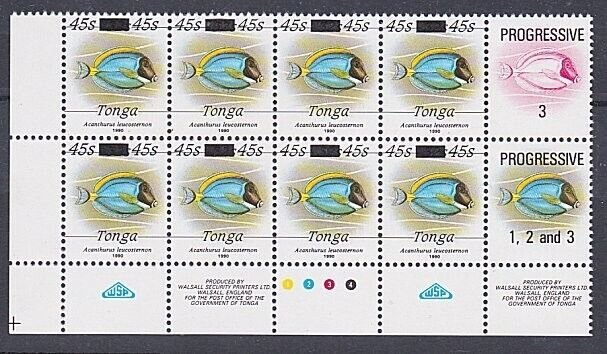 TONGA 1992 45s on 32s fish imprint block of 8 MNH..........................B3962