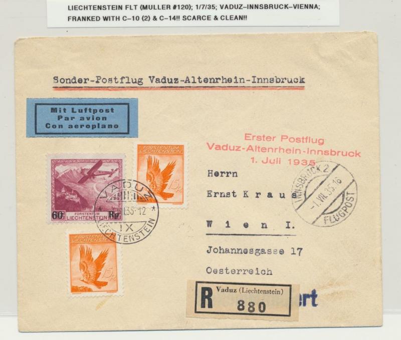 LIECHTENSTEIN 1935 FLIGHT VADUZ-INNSBRUCK-VIENNA Sc#C10(2)+14 SCARCE (SEE BELOW) 