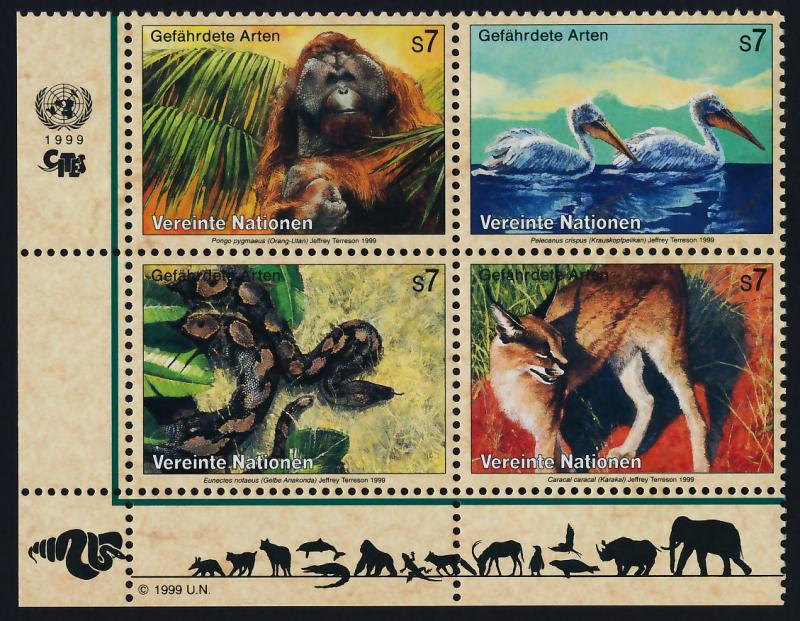 United Nations - Vienna 256a BL Block MNH Oranutan, Pelican, Anaconda, Caracal