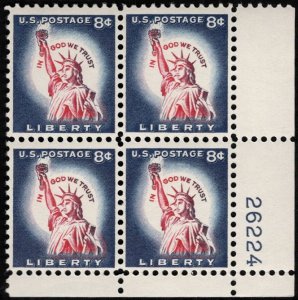 US #1042 PLATE BLOCK 8c Statue of Liberty, Redrawn, VF/XF mint never hinged, ...