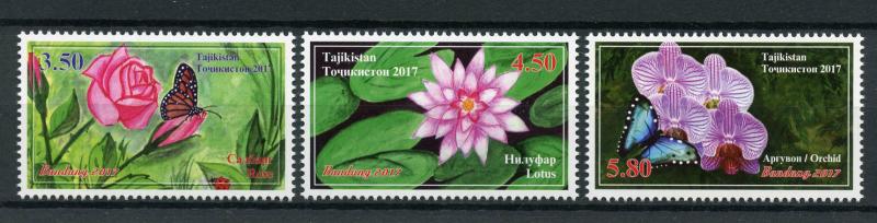 Tajikistan 2017 MNH Flowers & Butterflies Roses Orchids Bandung 3v Set Stamps