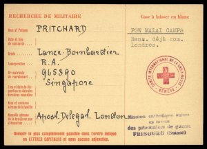 UK 1944 Singapore Malaya Japanese POW Camp Red Cross Cover Catholic Switze 89607