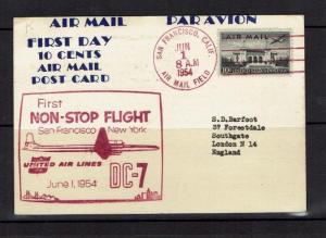 United States: 1954 10 cents Air Mail Post Card, First Day, First Flight.