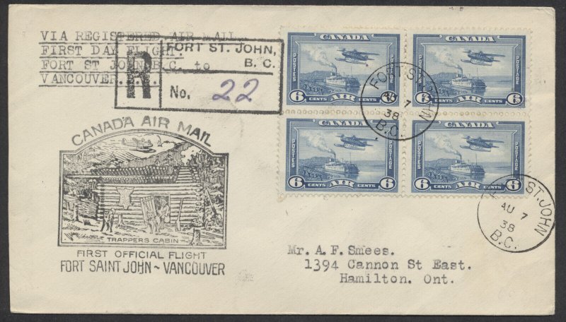 1938 Flight Cover Registered Fort St John BC to Vancouver #C6 Block