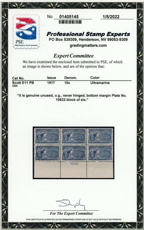 US Stamp #E11 PB Special Delivery 10c - PSE Cert - Plate Block of 6 - MNH - RARE 