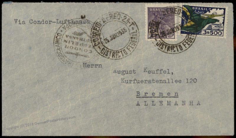 Brazil 1936 Condor Lufthansa Germany Flown Cover  Bremen 84430