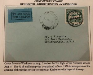 1931 Rehoboth South West Africa First Flight Cover FFC To Grootfonteon Via Windh