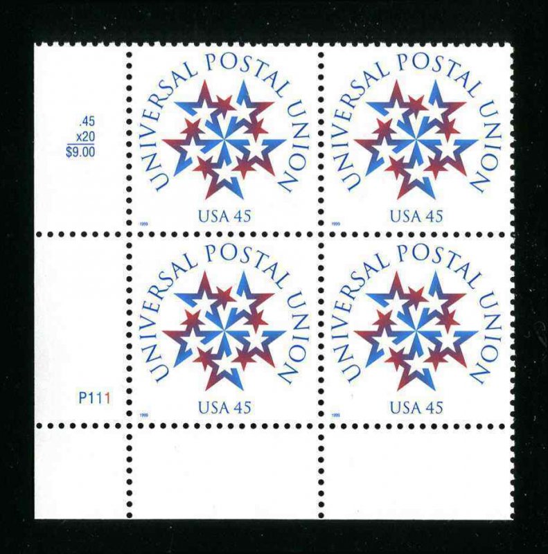 Sc 3332  45¢ Universal Postal Union Stamp Plate Block Lower Left