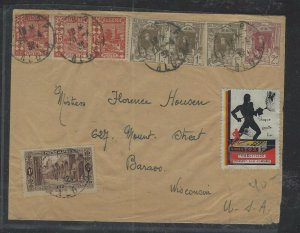 ALGERIA  COVER (P1202B)   1938 8 STAMP+ LABEL COVER TO USA