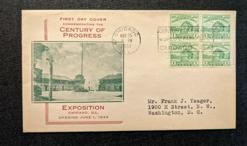 1933 Century of Progress Chicago IL FDC 729 33a5 Cover to Washington DC